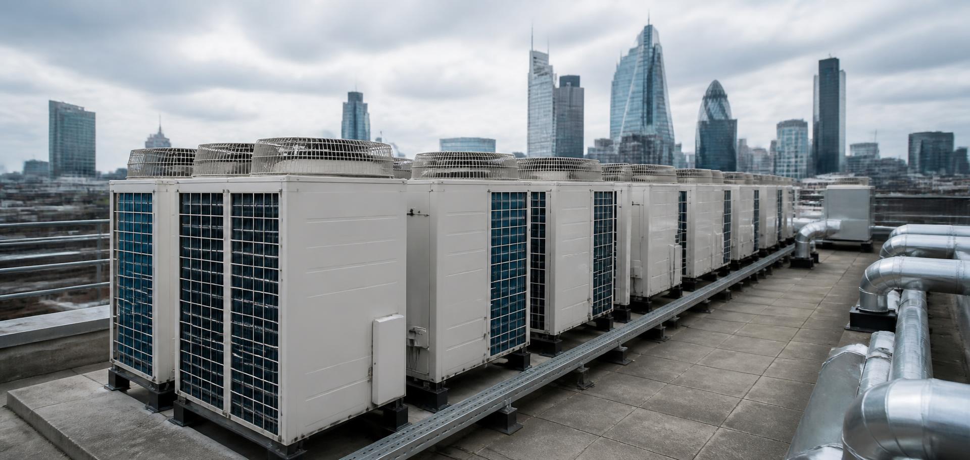 Rooftop VRF air conditioning condensers on a commercial building undergoing a TM44 inspection